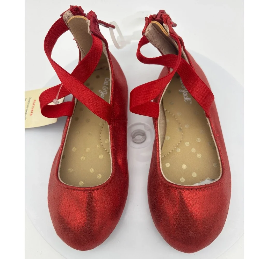 CAT & JACK Girls Red Ballet Shoe Flat Slipper Dress Metallic Girls 7 Mary Jane